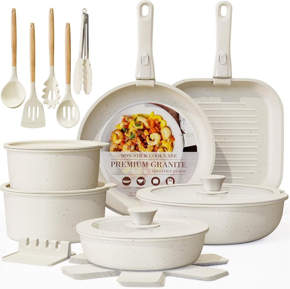 23Pcs Stackable Non-Stick Cookware Set: Detachable Handles, Oven Safe