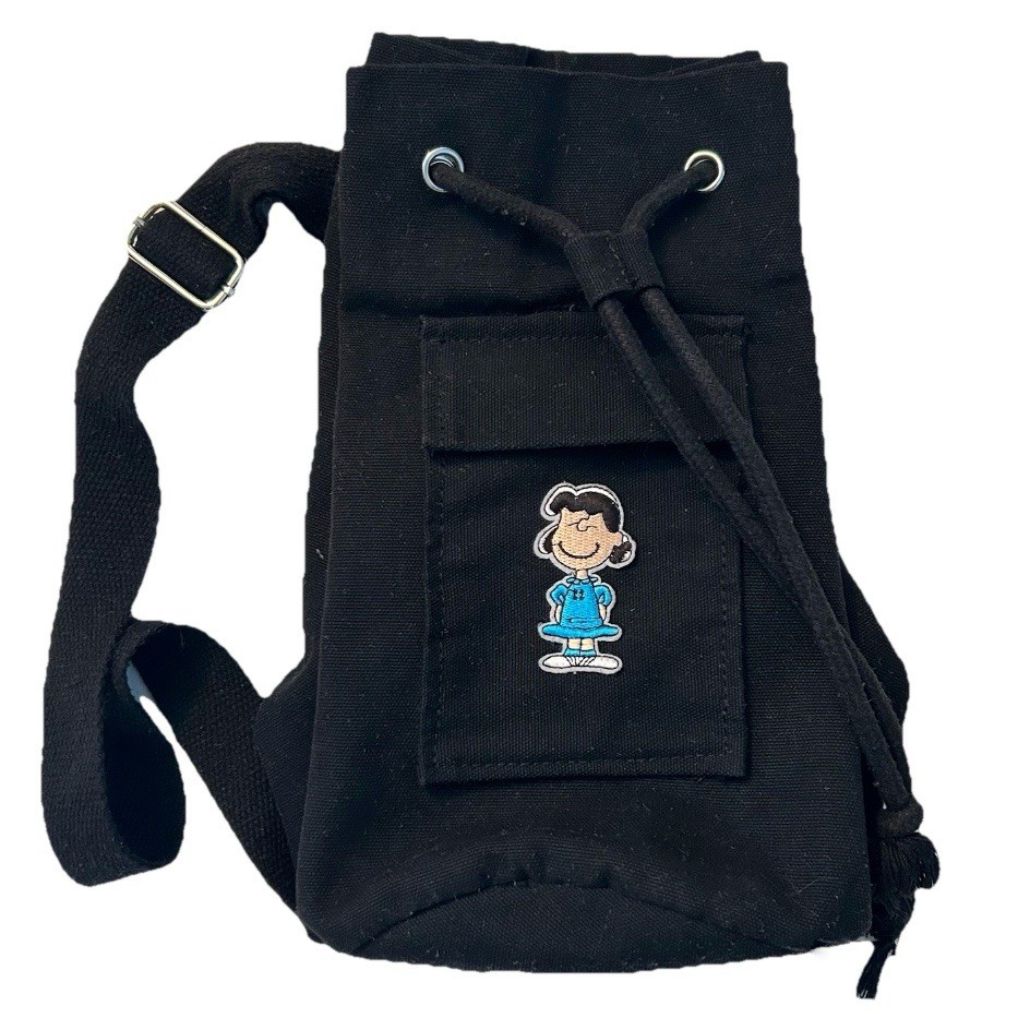 Peanuts Charlie Brown Lucy Black Canvas Drawstring Backpack Blue Patch Pocket