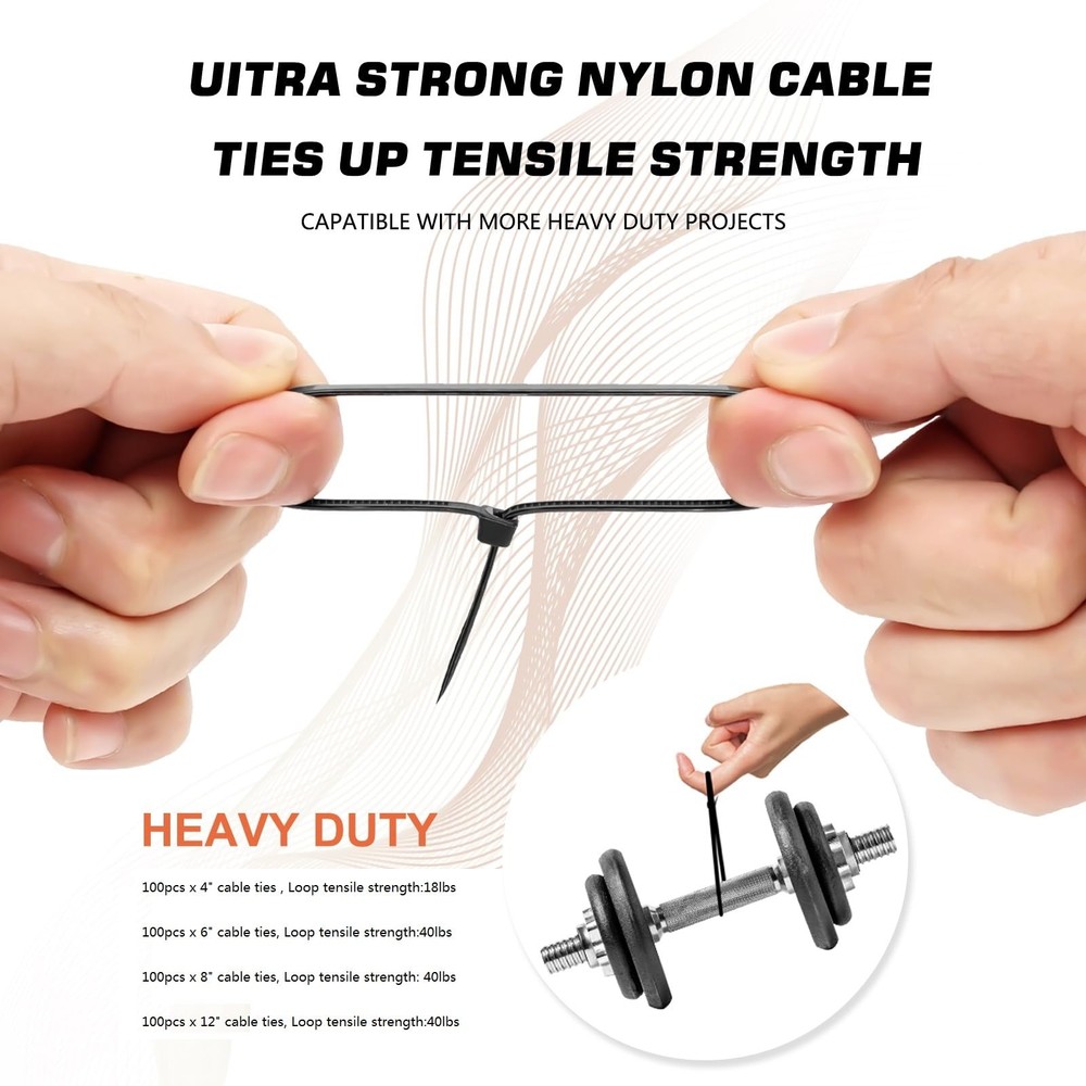 HAVE ME TD 400 Pack Black Cable Zip Ties Multi-Purpose Self-Locking Nylon Wire T