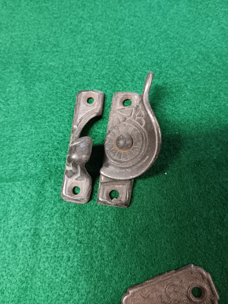 antique cast iron window sash lock and keeper with sash pull 1800's