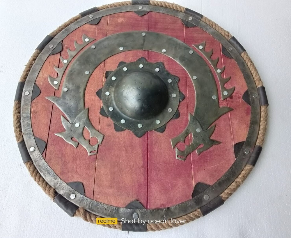 Dragon Face Round Wooden Viking Shield, Medieval Warrior Shield, Curved Shield
