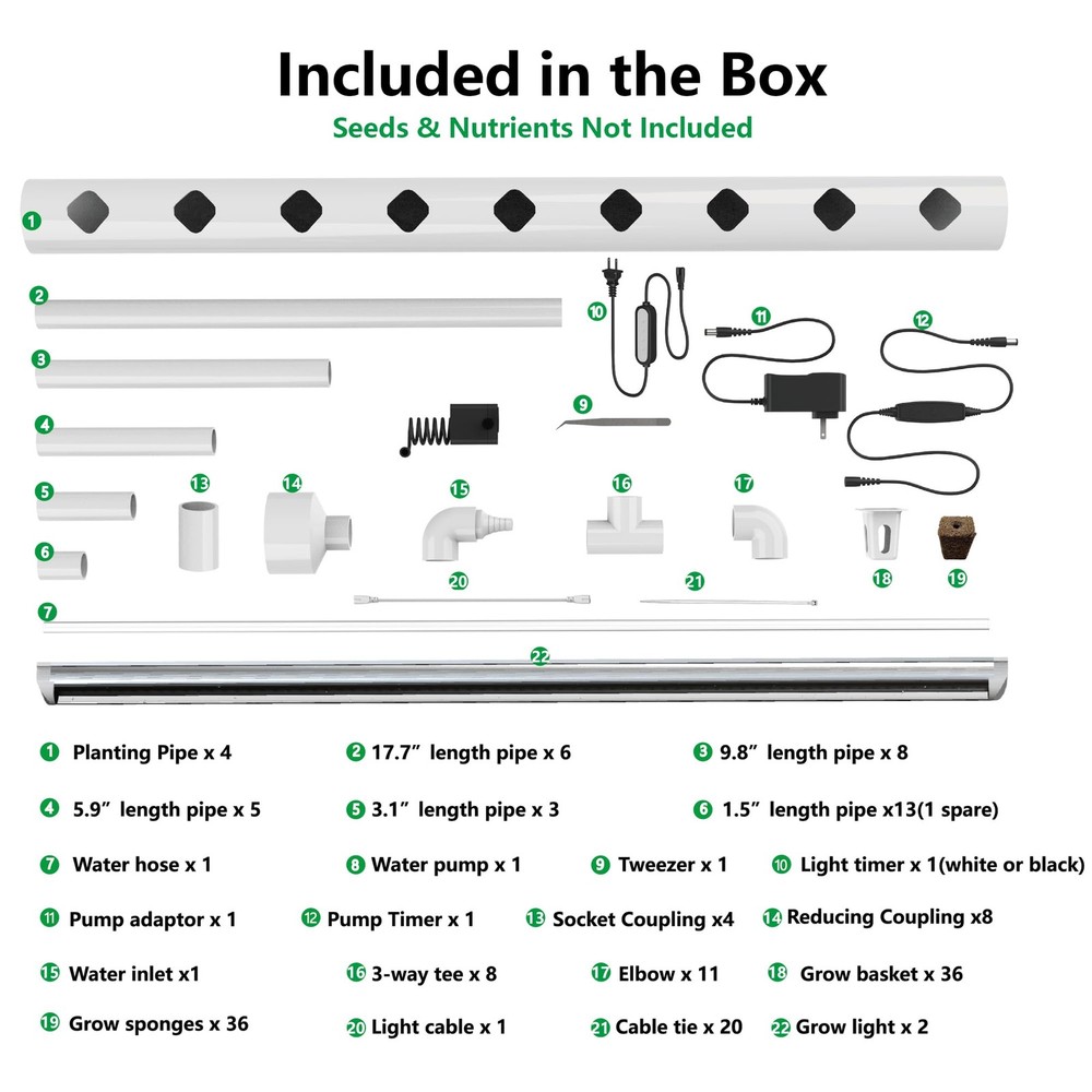 NFT Hydroponic Growing System Kit - Full-Spectrum Grow Lights ＆ Timer | 36 Pl...
