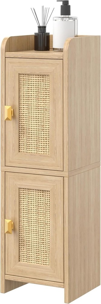 Bathroom Storage Cabinet Small Rattan Slim Space-Saving Organizer with Doors