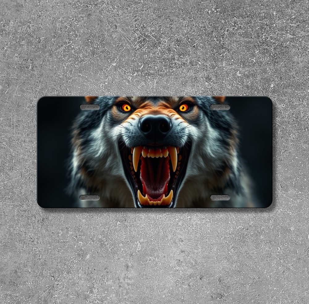 Hyperrealistic Wolf License Plate Fierce Expression Optional Text Front Plate Bi