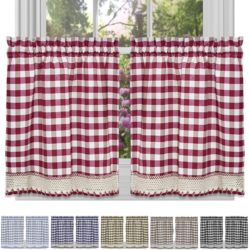 Window Curtain Tier Pair Pack Set Checked Plaid Gingham Kitchen Panel 58" x 24"