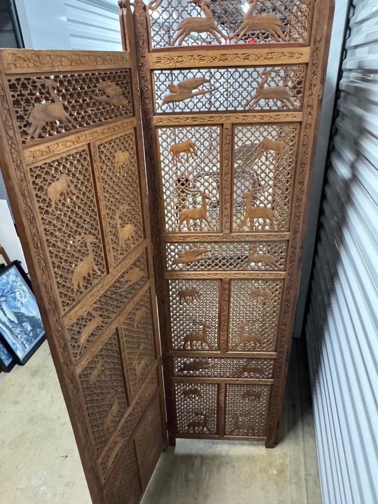 Mid-Century Carved Folding Four Panel Room Divider Screen