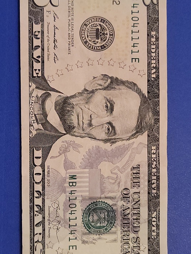 $FIVE DOLLAR BILL Trinary Repeater Fancy Serial Number with bleed through error!
