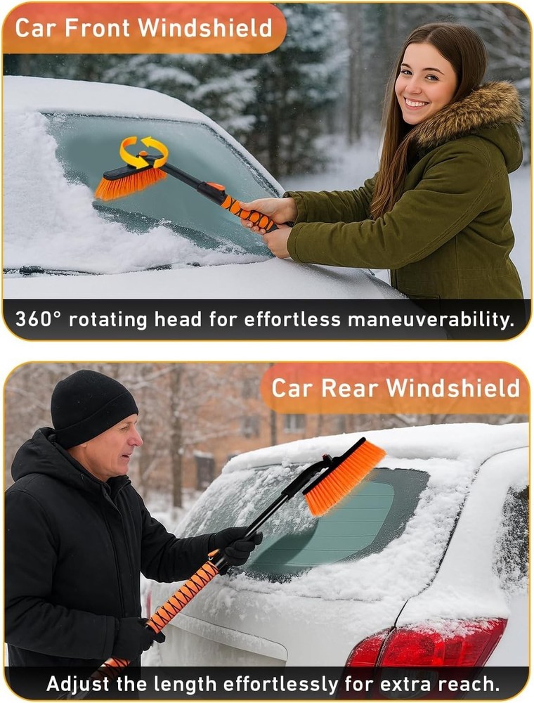 Compact 36” Snow Brush with Telescopic - 360° Rotating Ice Scraper