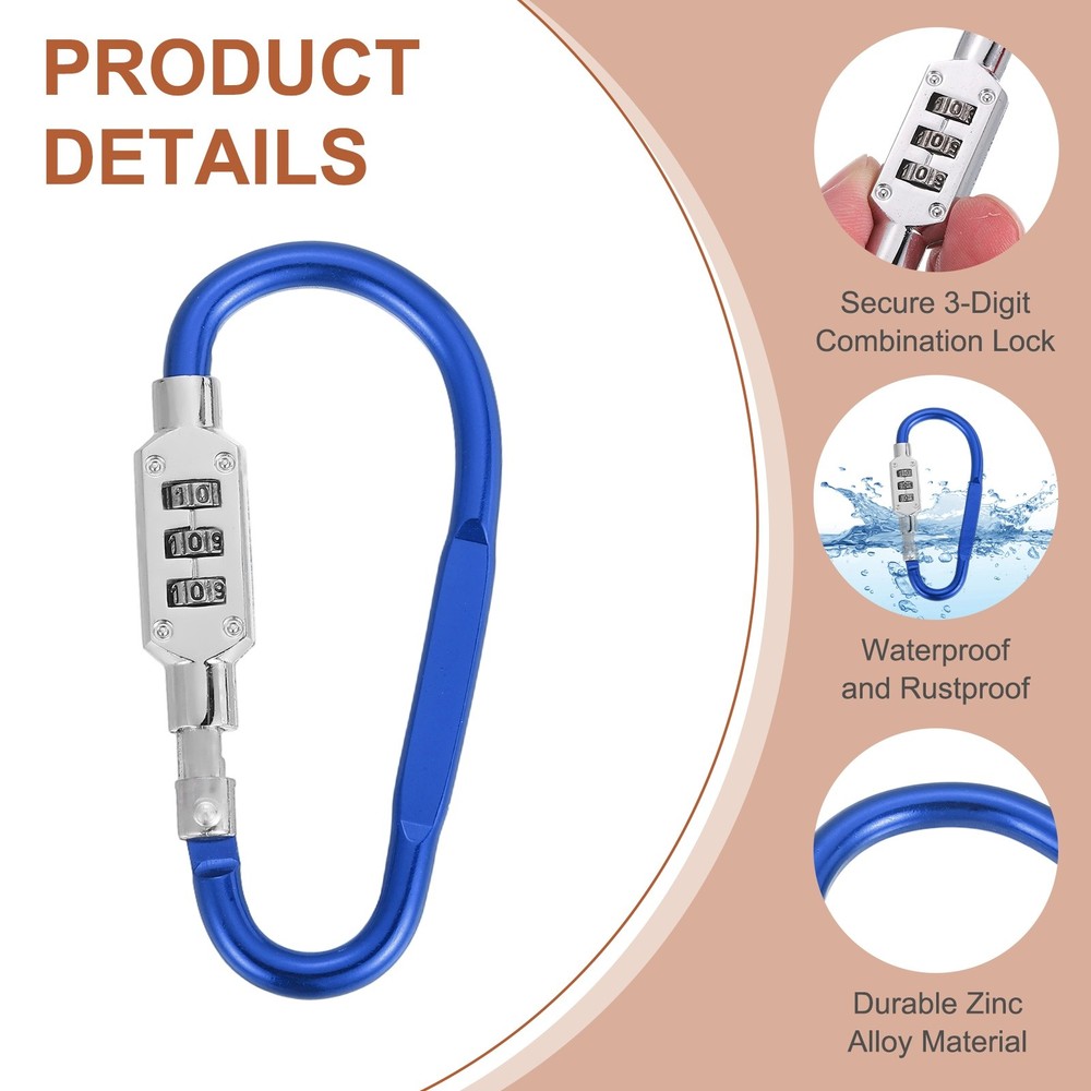 2 Pcs 3.8" x 1.8" D-Shaped 3-Digit Code Combination Lock D-Ring Clip, Blue