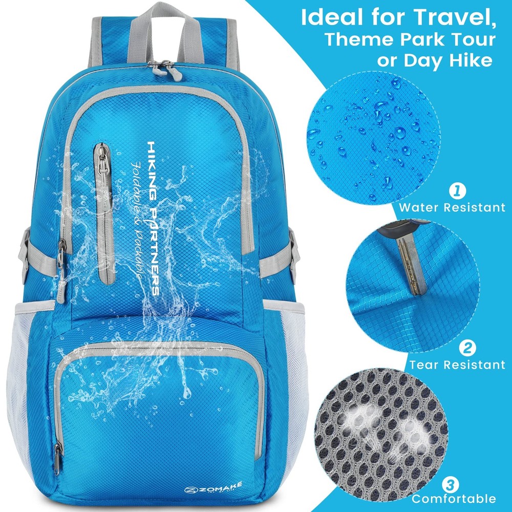 35L Lightweight Packable Backpack, Light Blue, Foldable, Water Resistant, Hike