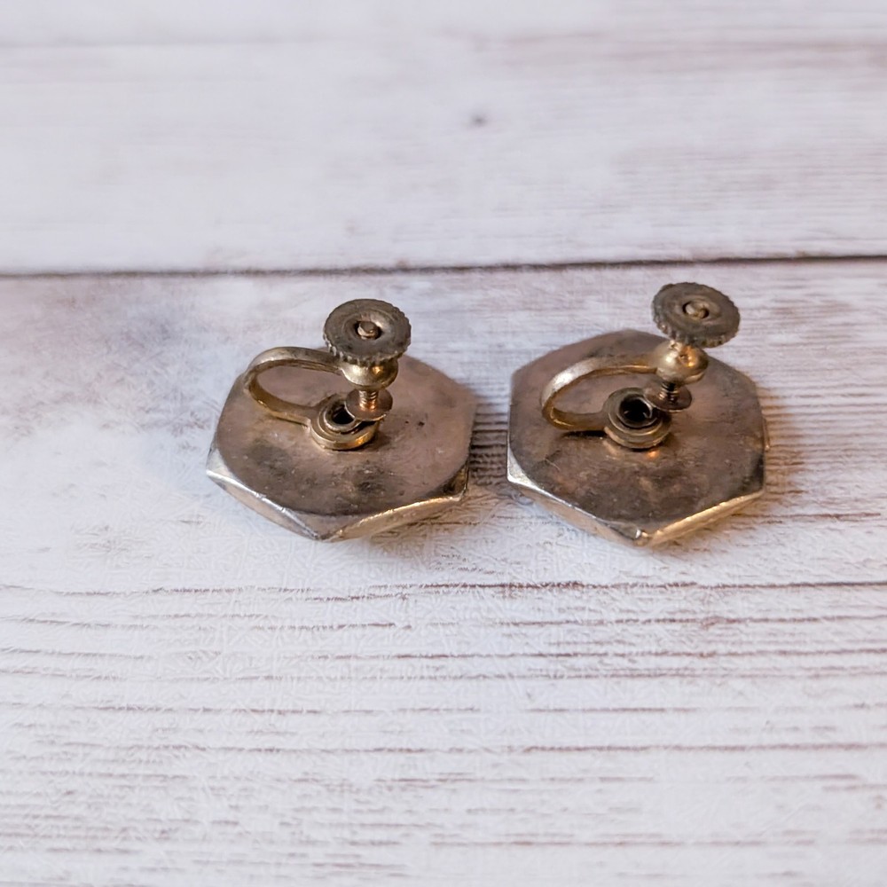 Vintage Screw Back Earrings 6 Sided Black Circle & Clear Gem - Condition Issues