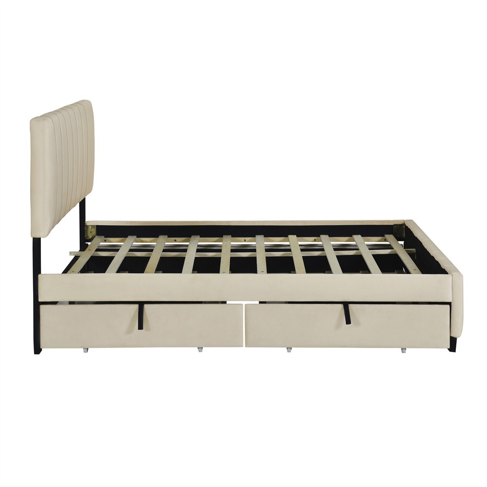 Queen Size Bed Frame Upholstered Platform Bed w/ Pull-Out Trundle & 2 Drawers