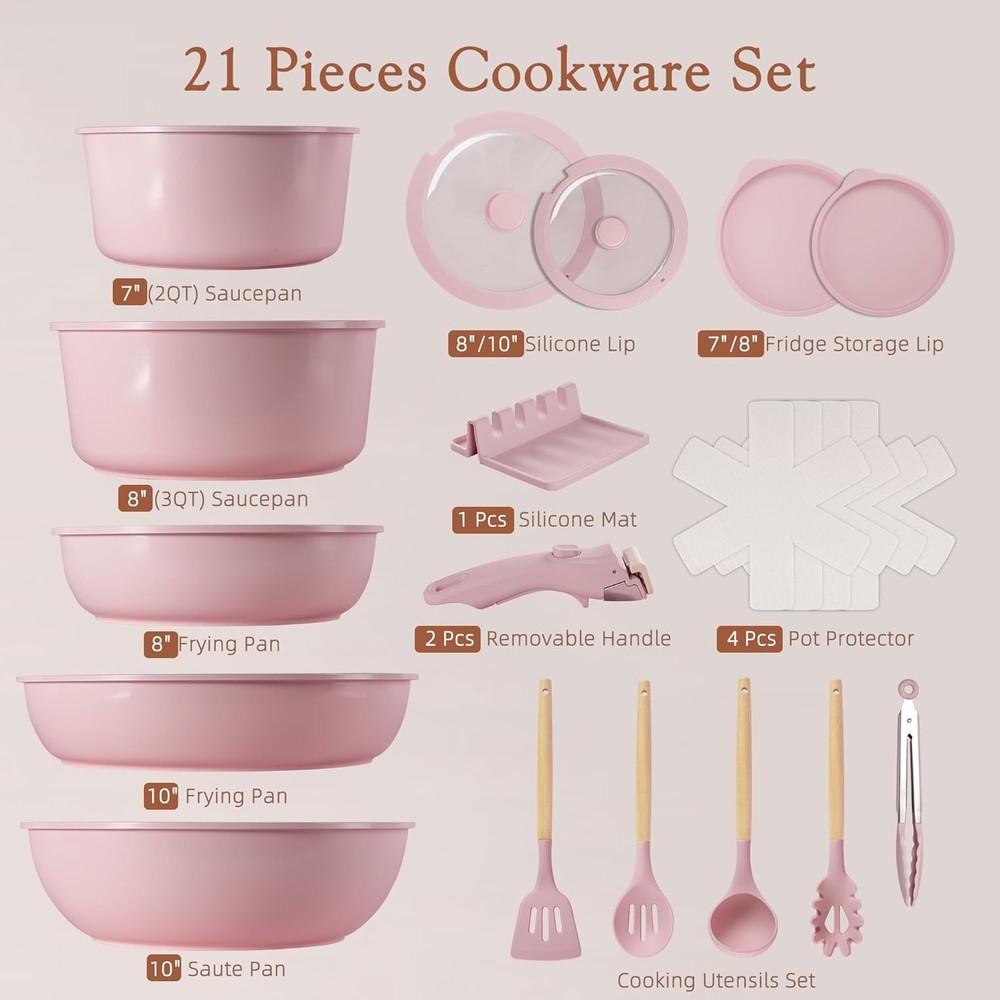 21Pc Nonstick Ceramic Cookware Set – Detachable Handle Stackable Pink