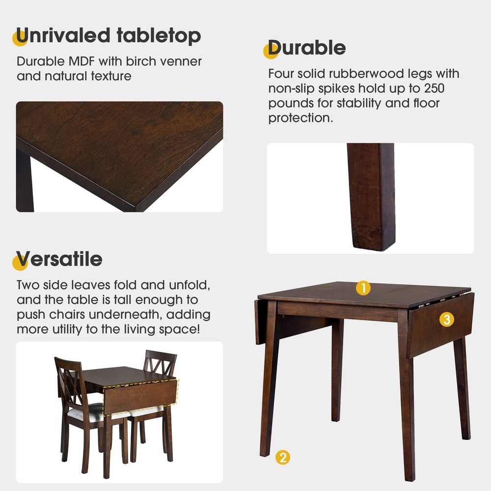 3 Piece Kitchen Dining Set with Drop Leaf Dining Table and 2 Dining Upholstere
