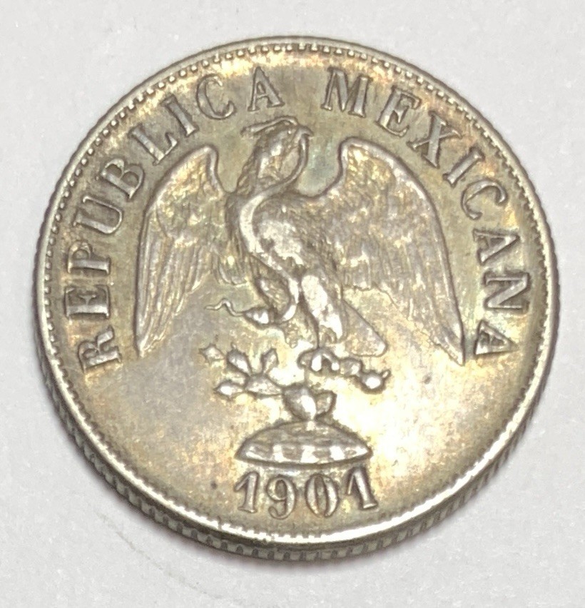 1901-Cn Q Mexico 20 Centavos Second Republic Silver Clean Fields Luster