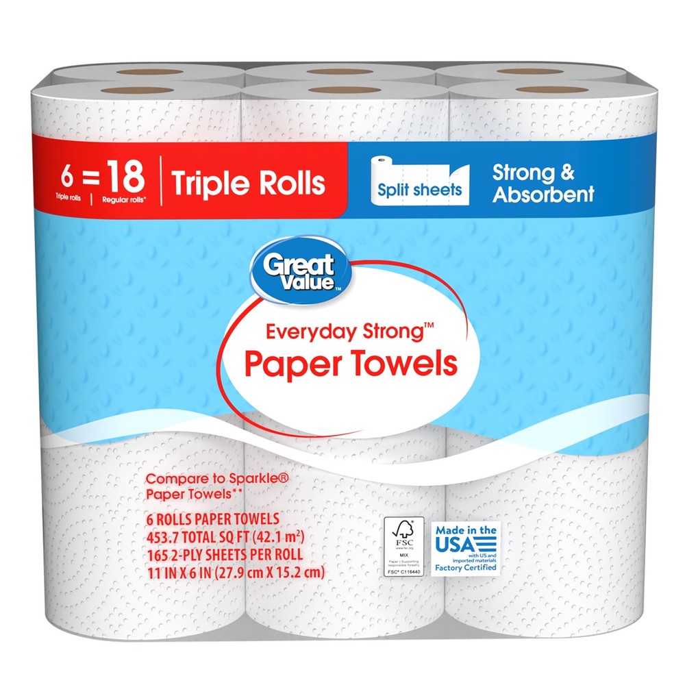 Everyday Strong Paper Towels, 6 Triple Rolls, Split Sheets