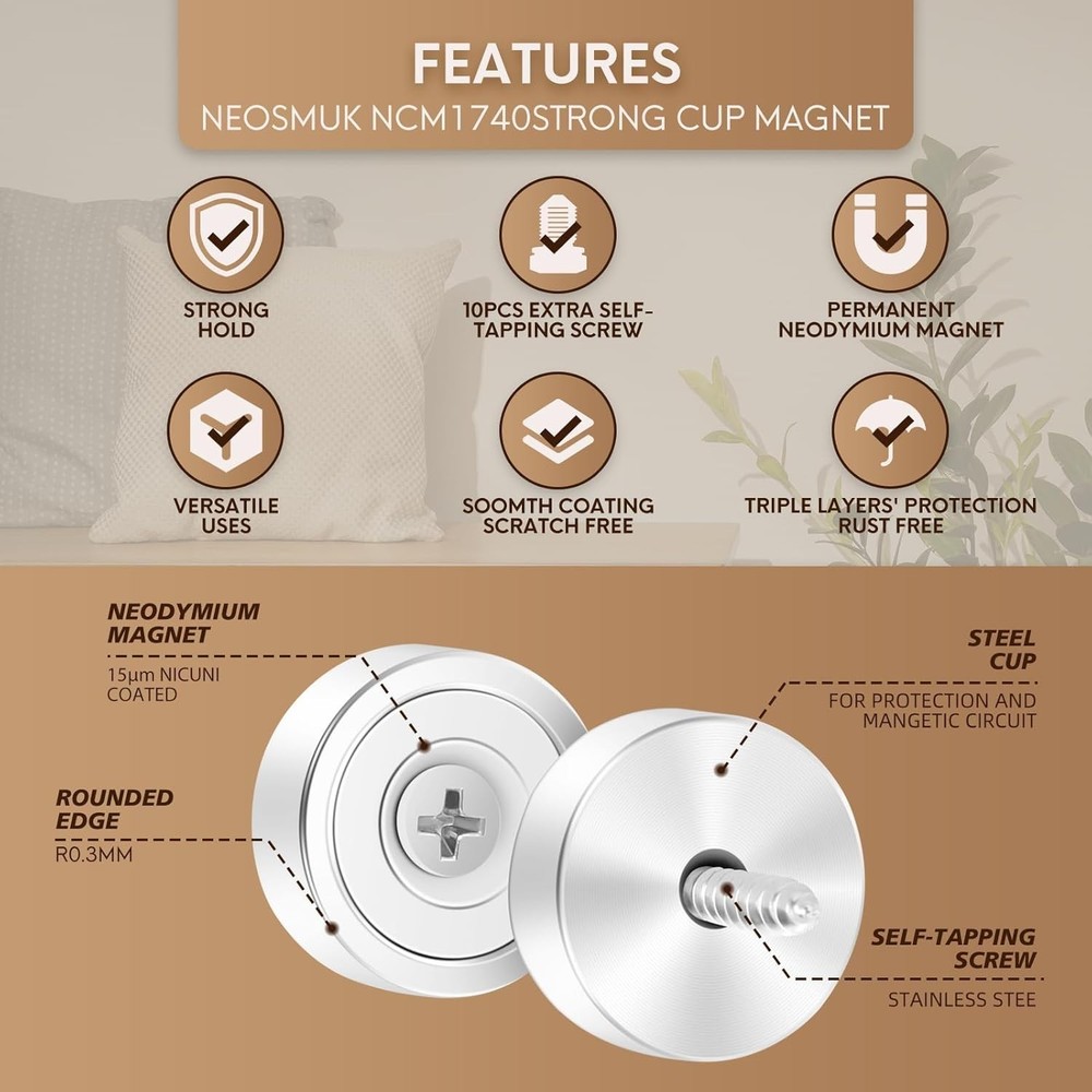 Neodymium Round Disc Magnets - 22lbs Pull, 6 Pack for Versatile Mounting