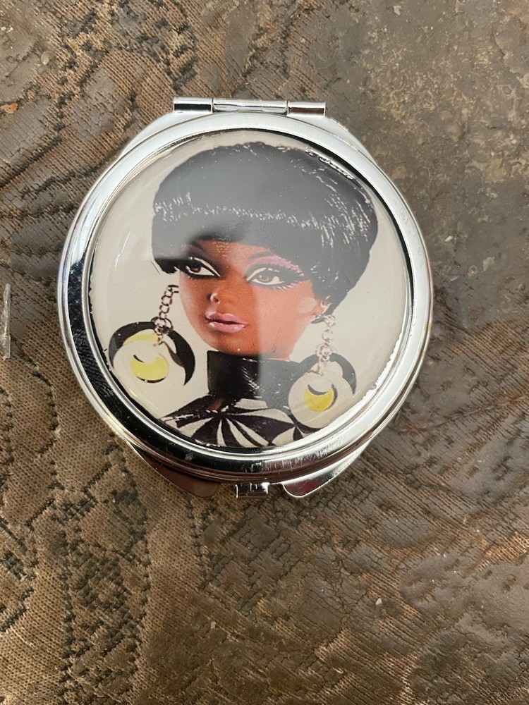 Retro Mod Black Barbie Small Round Silver Mirror Compact