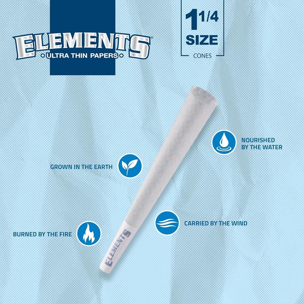 Elements Ultra Thin 1 1/4 Pre-Rolled Cones 100 Pack with Tips Slow Burning,