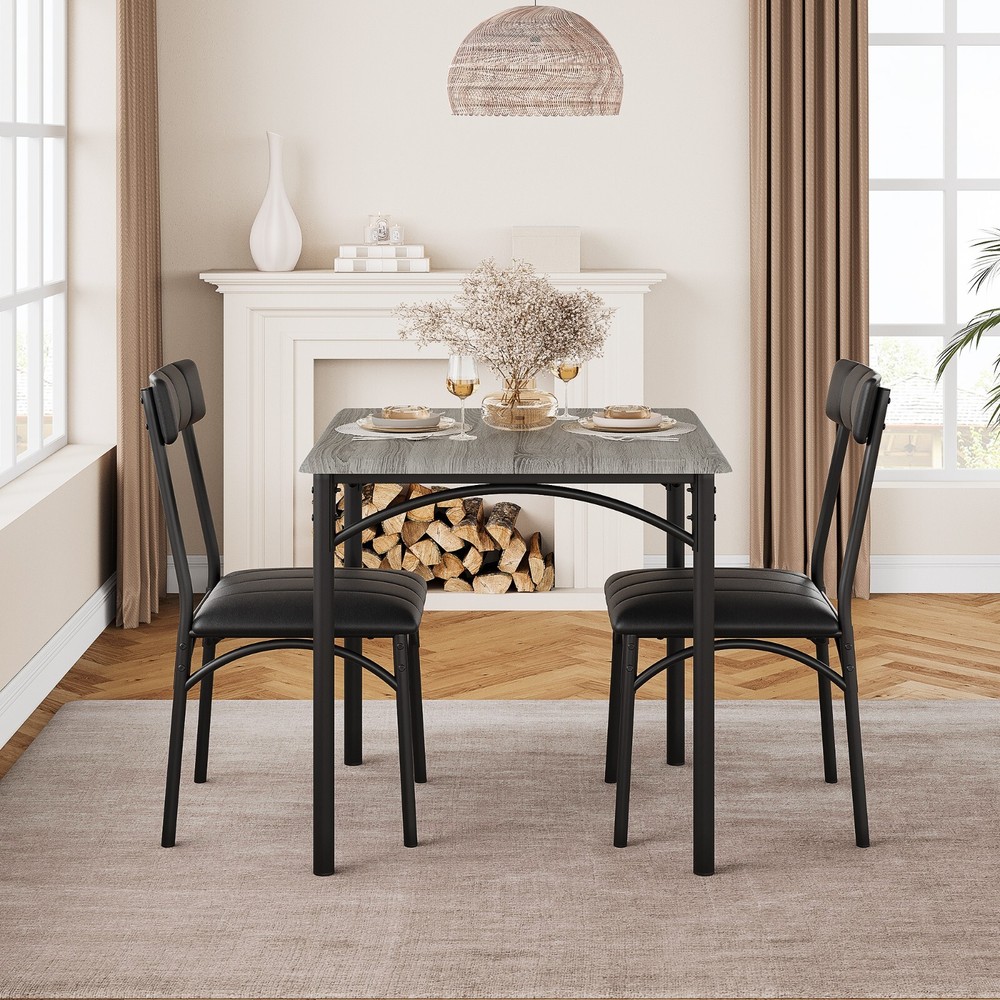Dining Table Set w/2 Upholstered Chairs & Square Table for Dining Room Gray