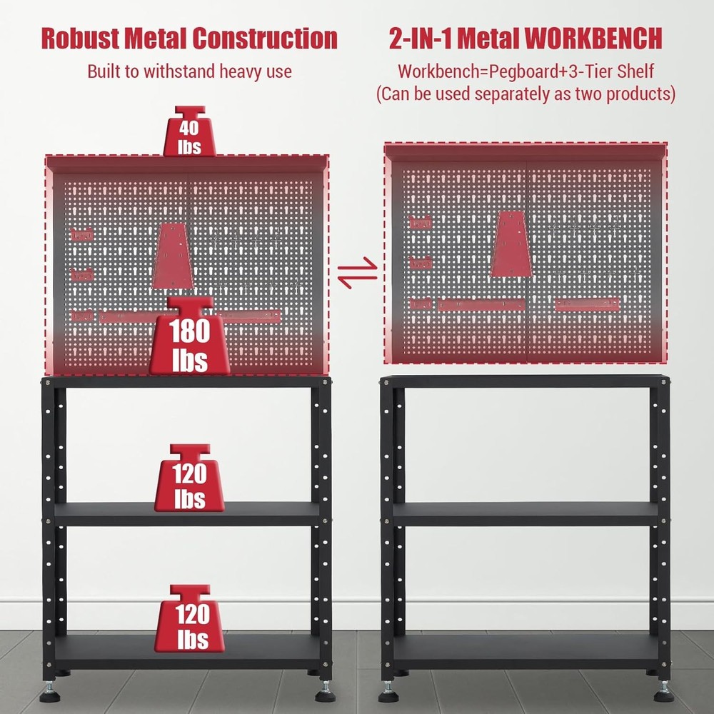 Multi-use Workbench w/ 2 Shelves Heavy-Duty Work Table Tool Storage Bench Black