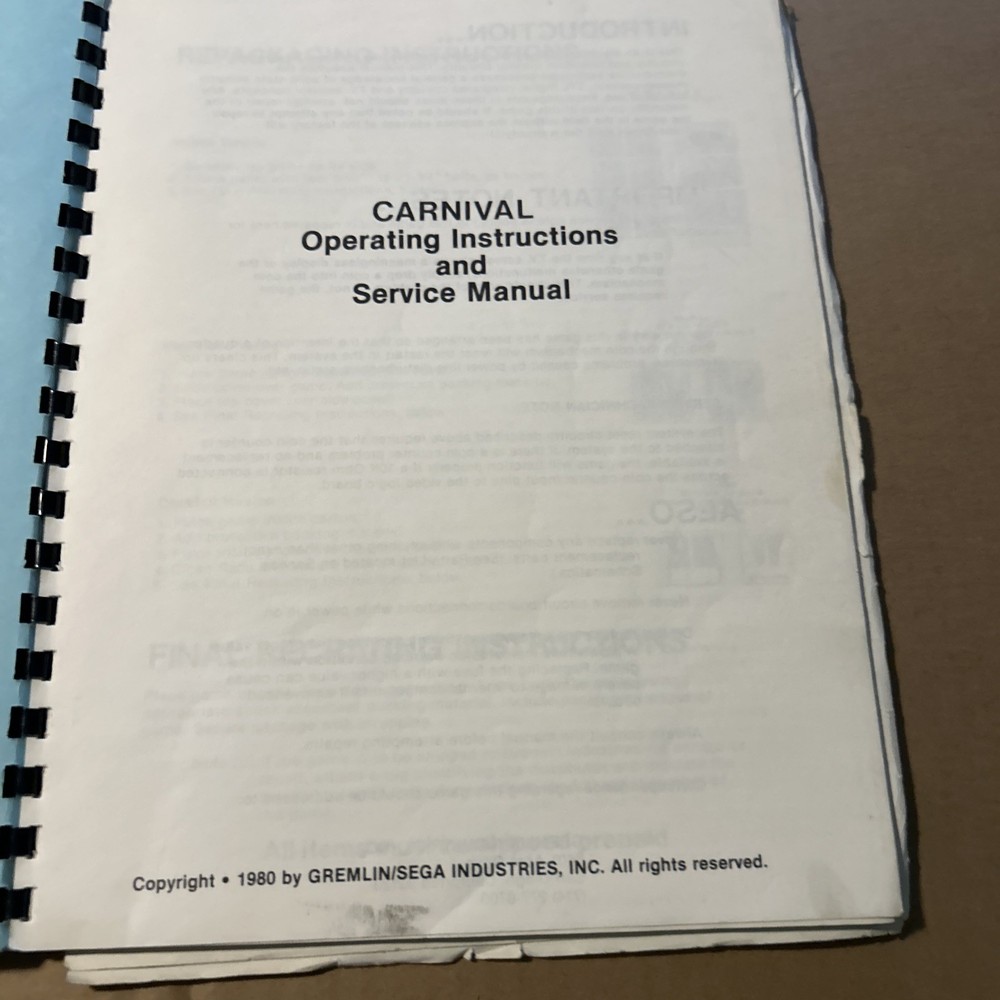 Original Carnival Sega Arcade video game Manual