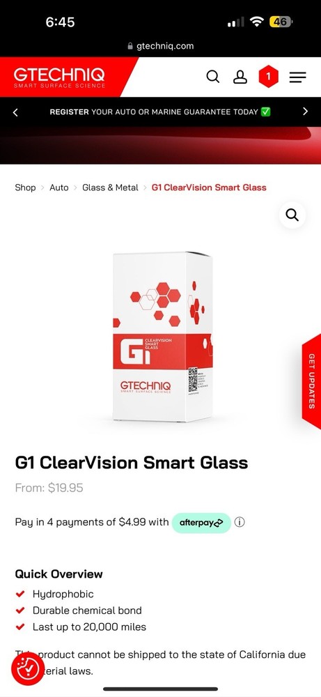 GTechniq G1 Clearvision Smart Glass