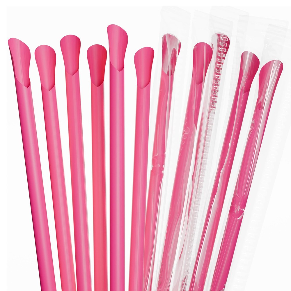 50% WIDER Plastic Spoon Straws - 250 Pack (Individually Wrapped, Pink)