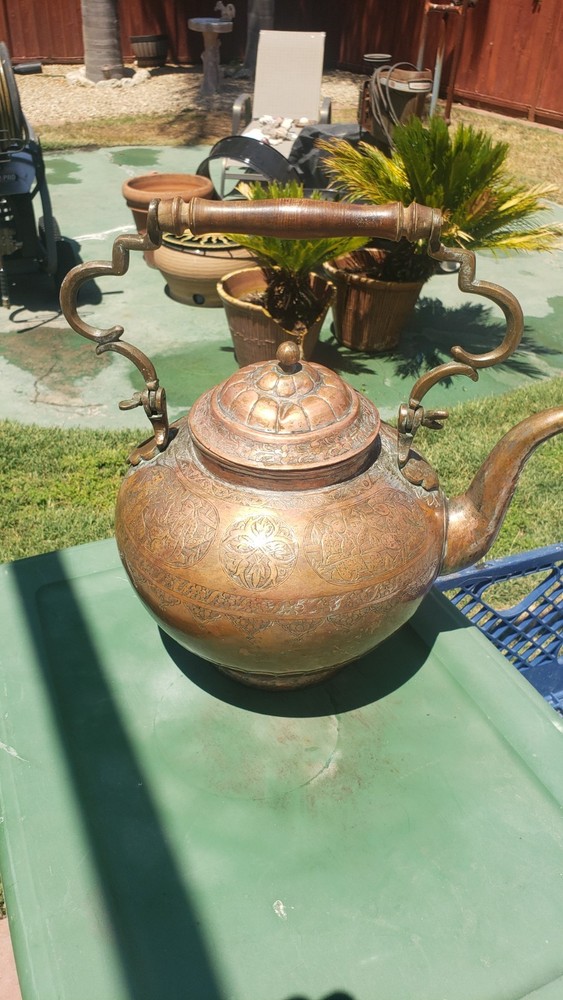Antique Large Copper Silver Teapot Kettle Middle Eastern