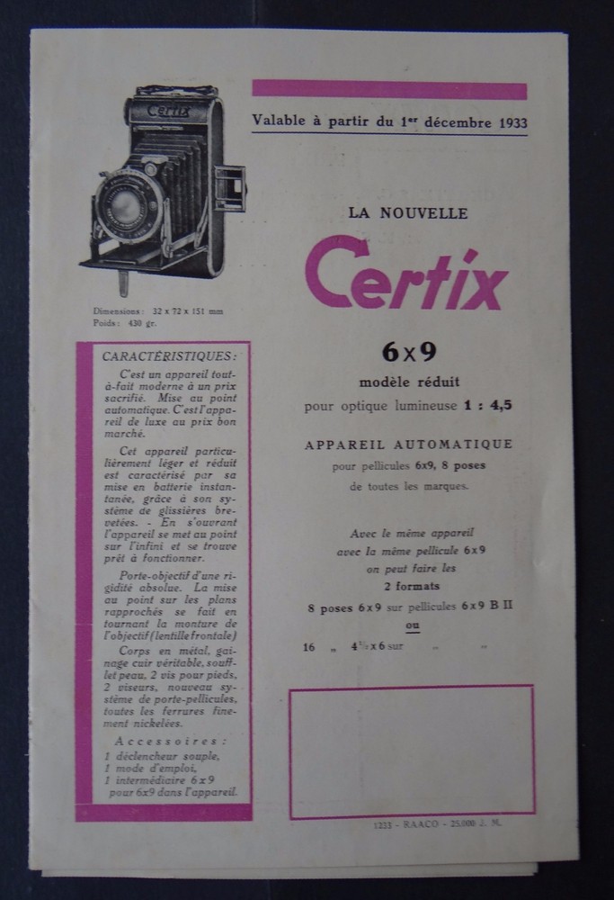 Advertising catalog CERTOTROP camera CERTIX 1933 catalog catalog