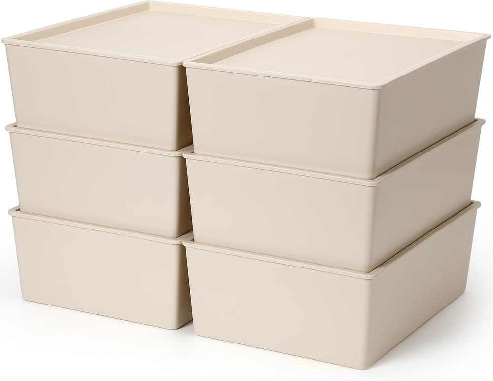 6 Pcs Plastic Storage Bins with Lids Stackable Storage Containers Durable Box Ba
