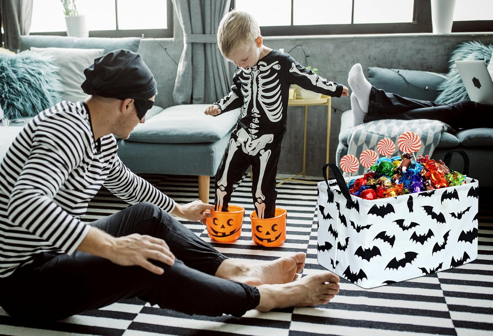 Bat Pattern Halloween Storage Gift Basket Canvas Bins With