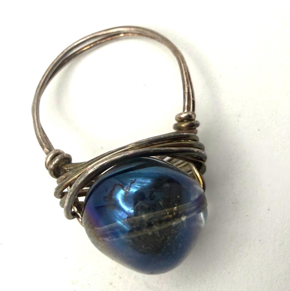 Handmade Wire Wrapped Ring Large Blue Glass Cabochon Artisan Statement Ring Size