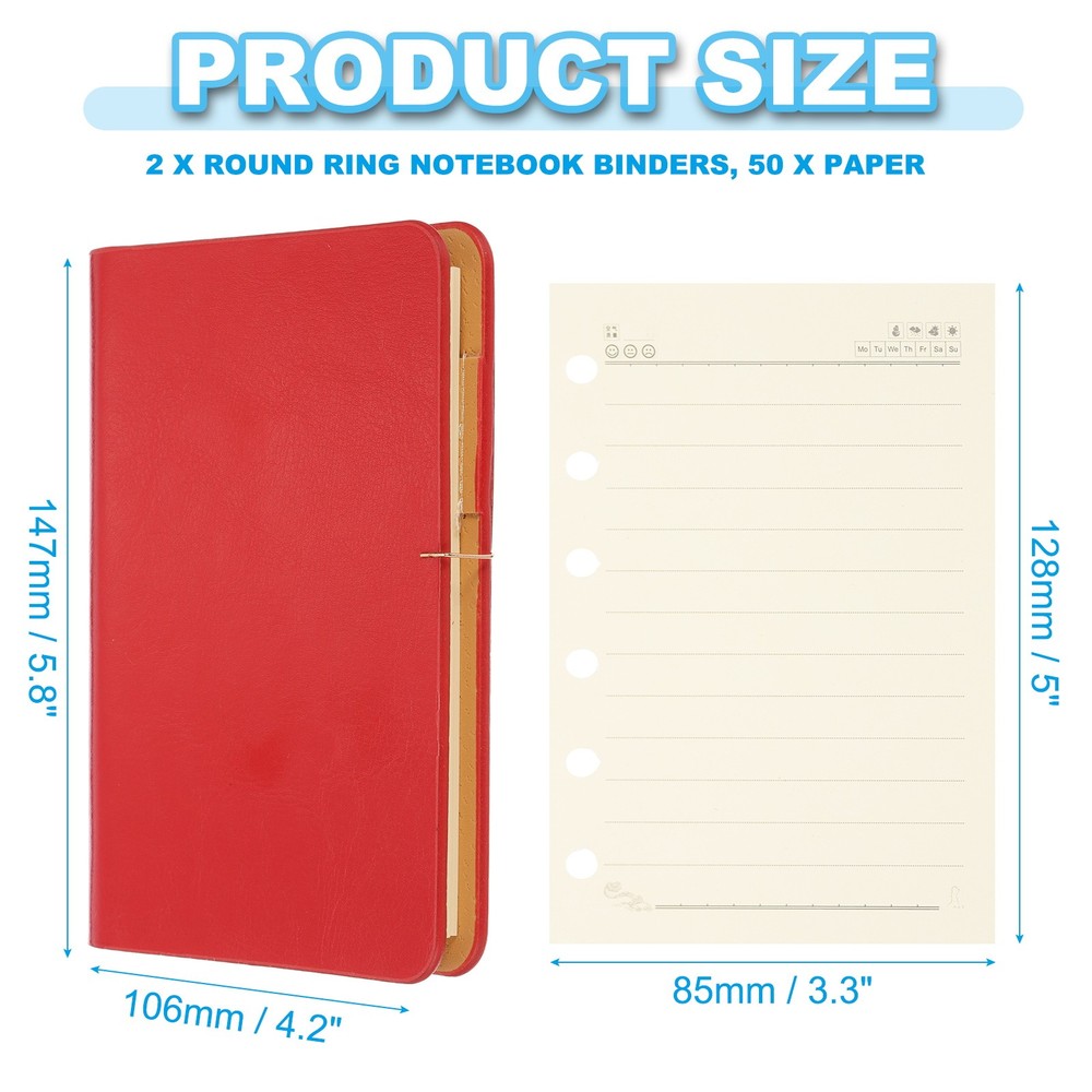 6 Ring Binder Cover 2 Pack A7 Notebook Binder 50 Sheets Line Paper, Red