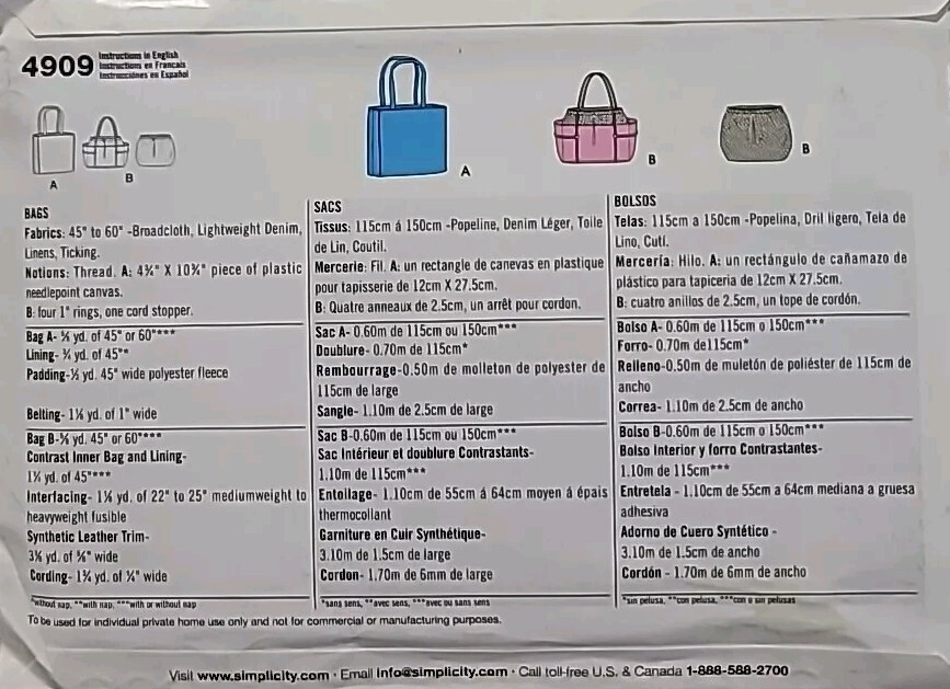 Tote Bag Two Styles Sewing Pattern Simplicity 4909 One Size