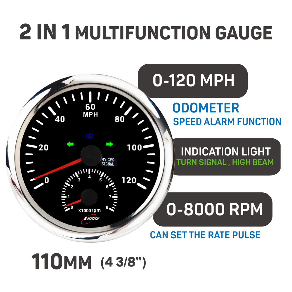 RACETECH 110mm 2 Gauge Set 2in1 GPS Speedometer 120 MPH 4in1 Multi Function