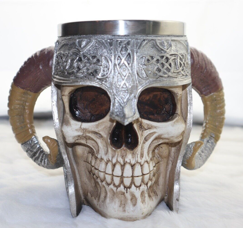 Resin Horned Ancient Warrior Skull Mug Stein