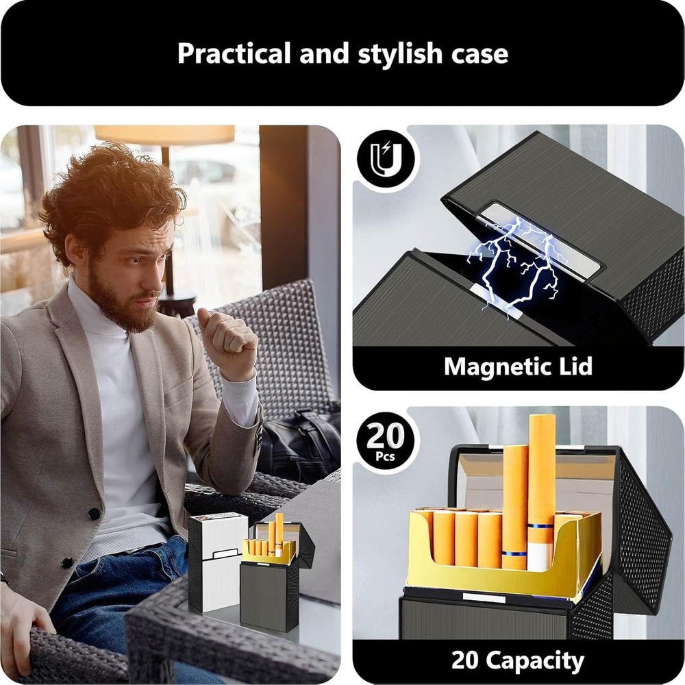 Cigarette Case 85mm King Size with Lighter (2 Pack), Magnetic Switch 20 Capacity