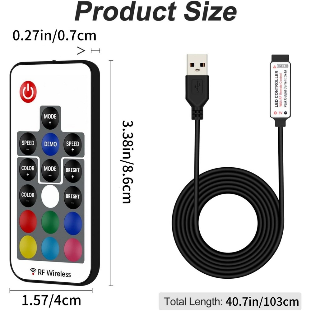 RGB Led Light Strip Controller 17-Key RF Wireless Remote DC5V USB Interface
