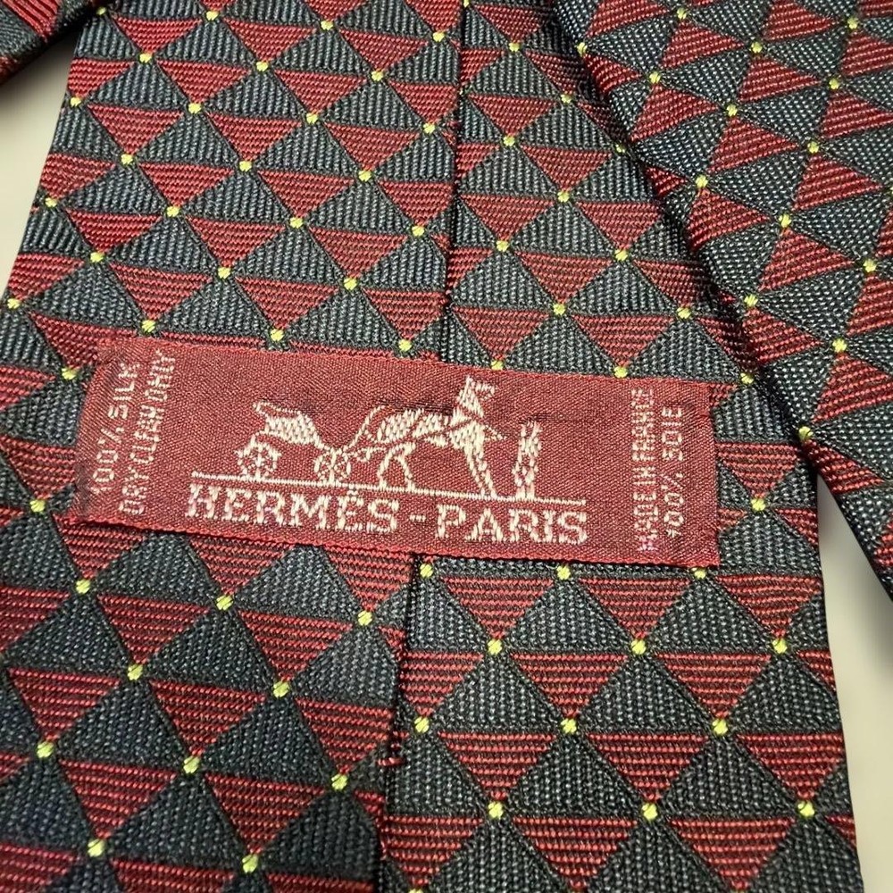 HERMES Silk Tie Red Navy Diamond Pattern
