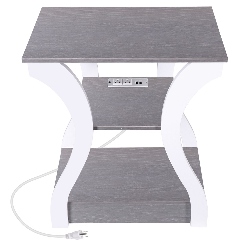 Grey End Tables With Charging Station Three Tier Storage Durable Engineered Wood