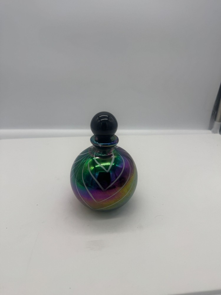Iridescent Black Glass Perfume Bottle White Pulled Feather