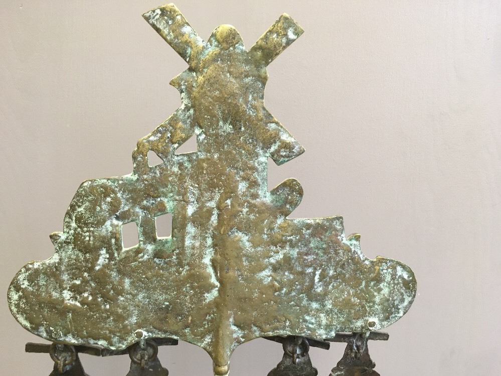 WINDMILL FIRE PLACE TOOLS ANTIQUE BRASS DUTCH 1850, CAST DESIGN
