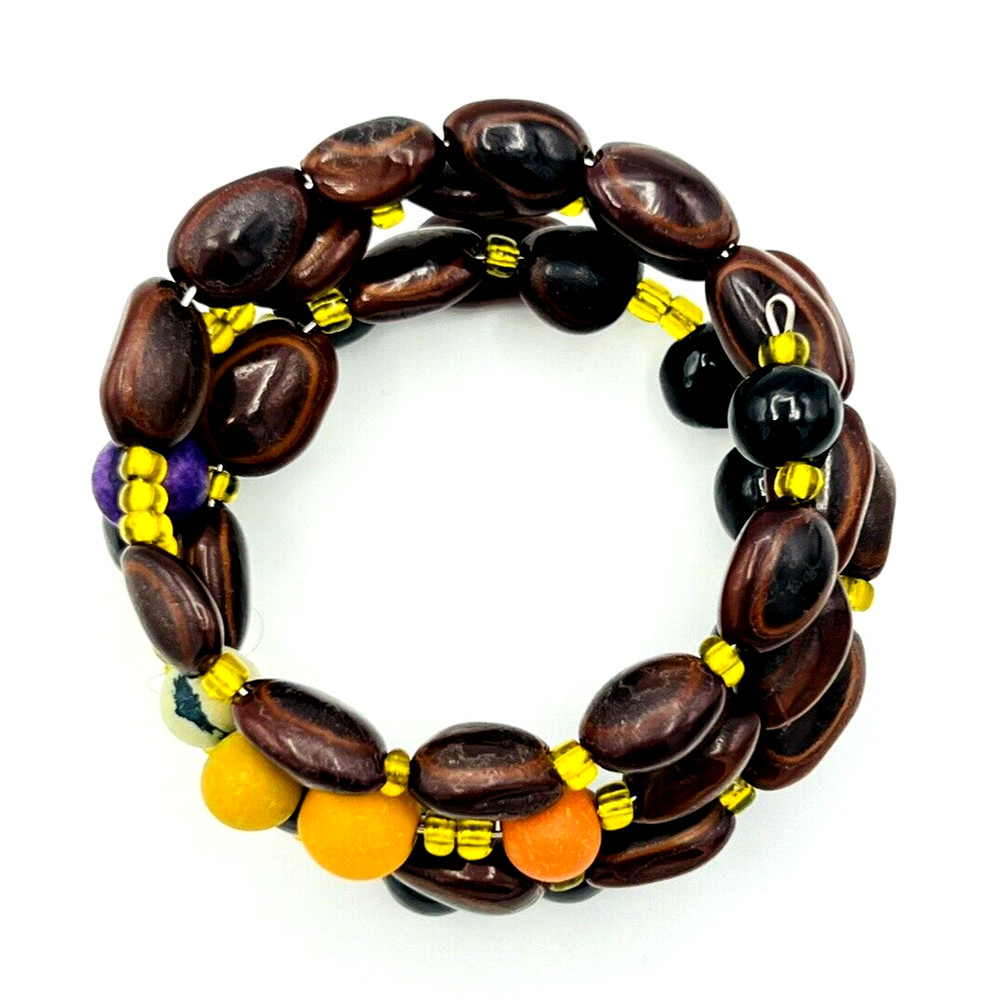 Artisan Nut Beads Memory Wire Wrap BOHO Bracelet