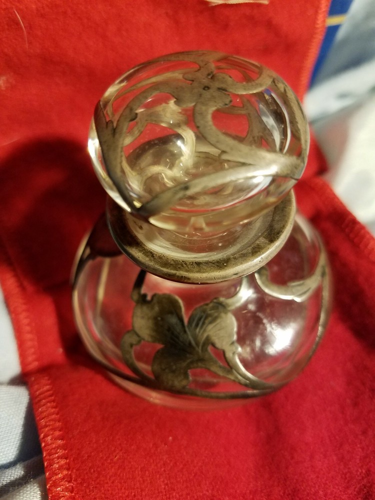 ANTIQUE STERLING SILVER OVERLAY PERFUME BOTTLE Approx. 3x3