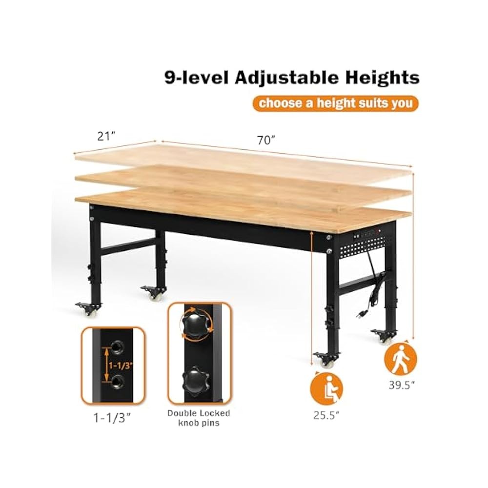 70" Workbench with Pegboard, Adjustable Height, 2000lb Heavy Duty Table