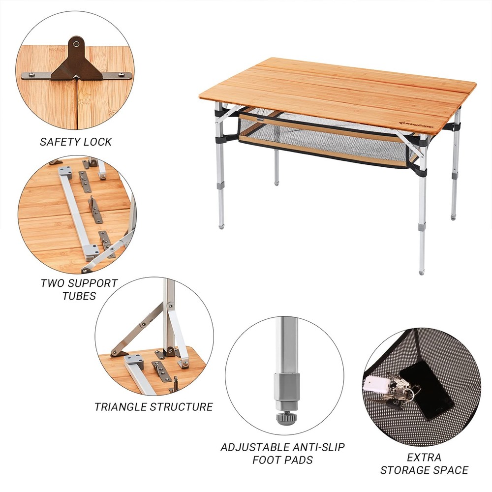 KingCamp Bamboo Folding Camping Table - Lightweight, Adjustable Height, Durable