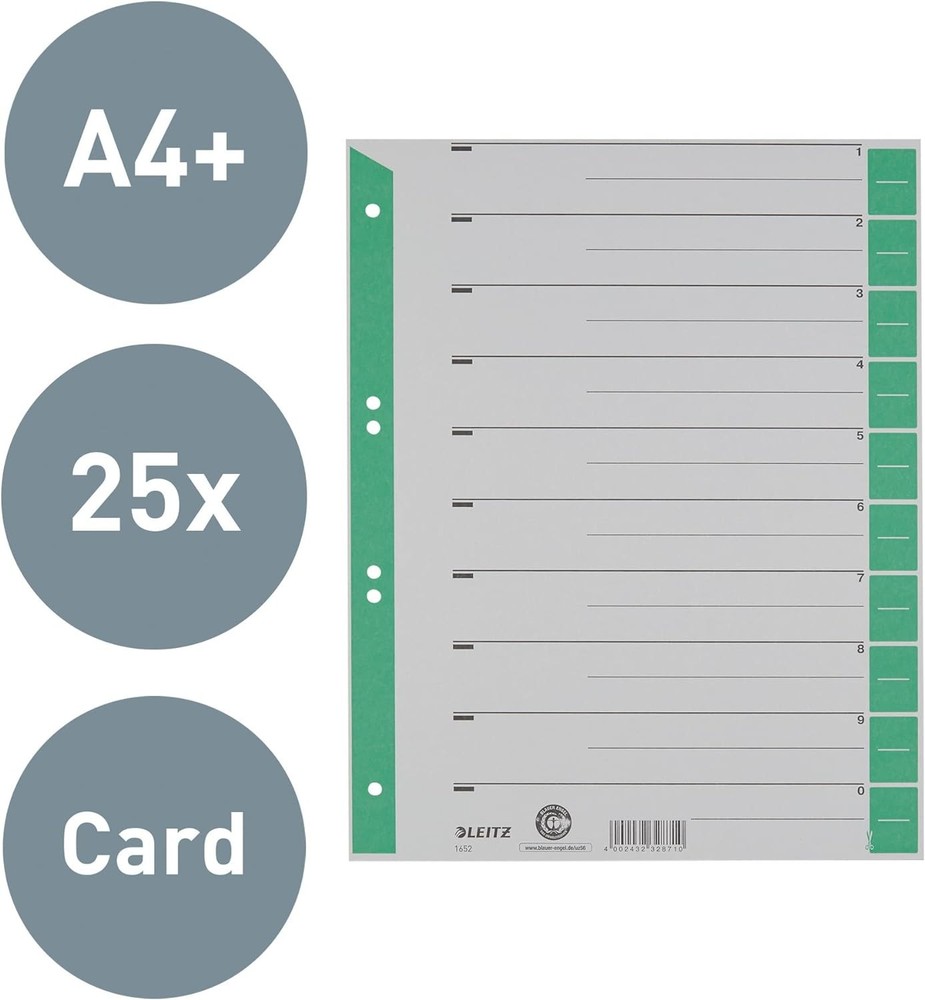 Leitz 16523055 A4 Cardboard Separator Sheets Coloured Print Green 25-Pack