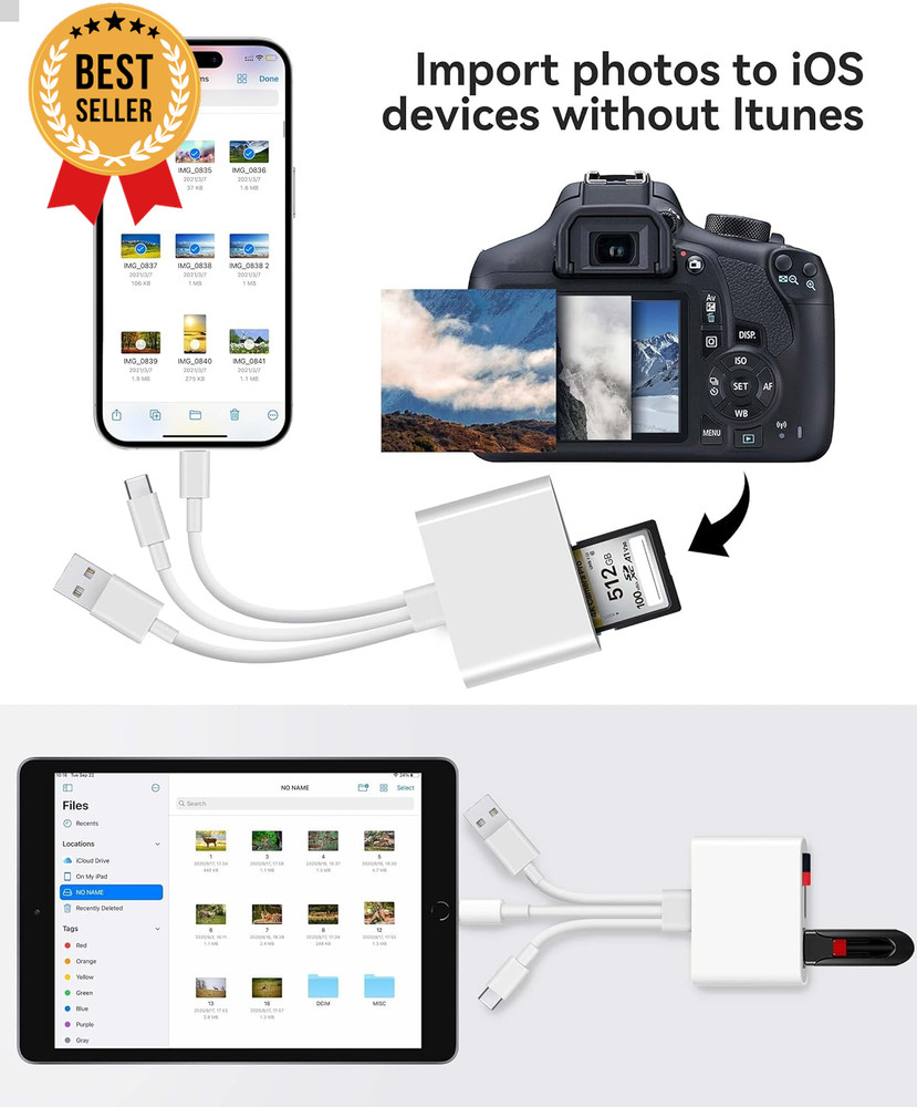 3-in-1 SD Card Reader for iPhone, iPad, Mac, USB-C, USB-A, Lightning, White