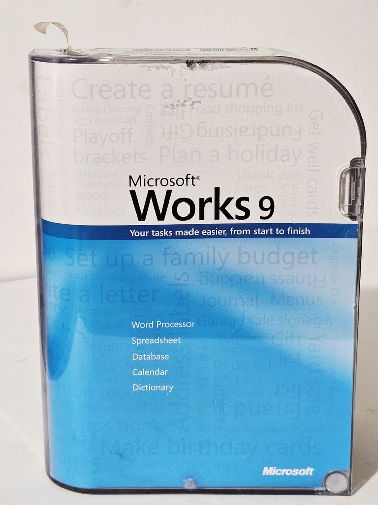 Microsoft Works 9 Windows Software Tool Word Processor Spreadsheet DB W/ Case